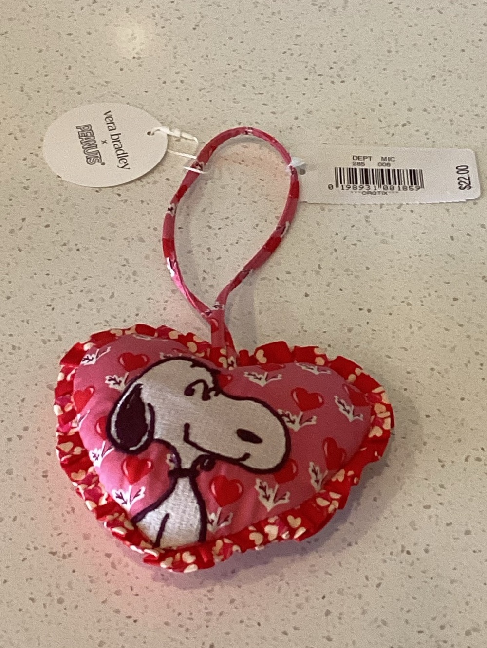 Vera Bradley x Peanuts Pink and Red Snoopy Heart Charm Ornament